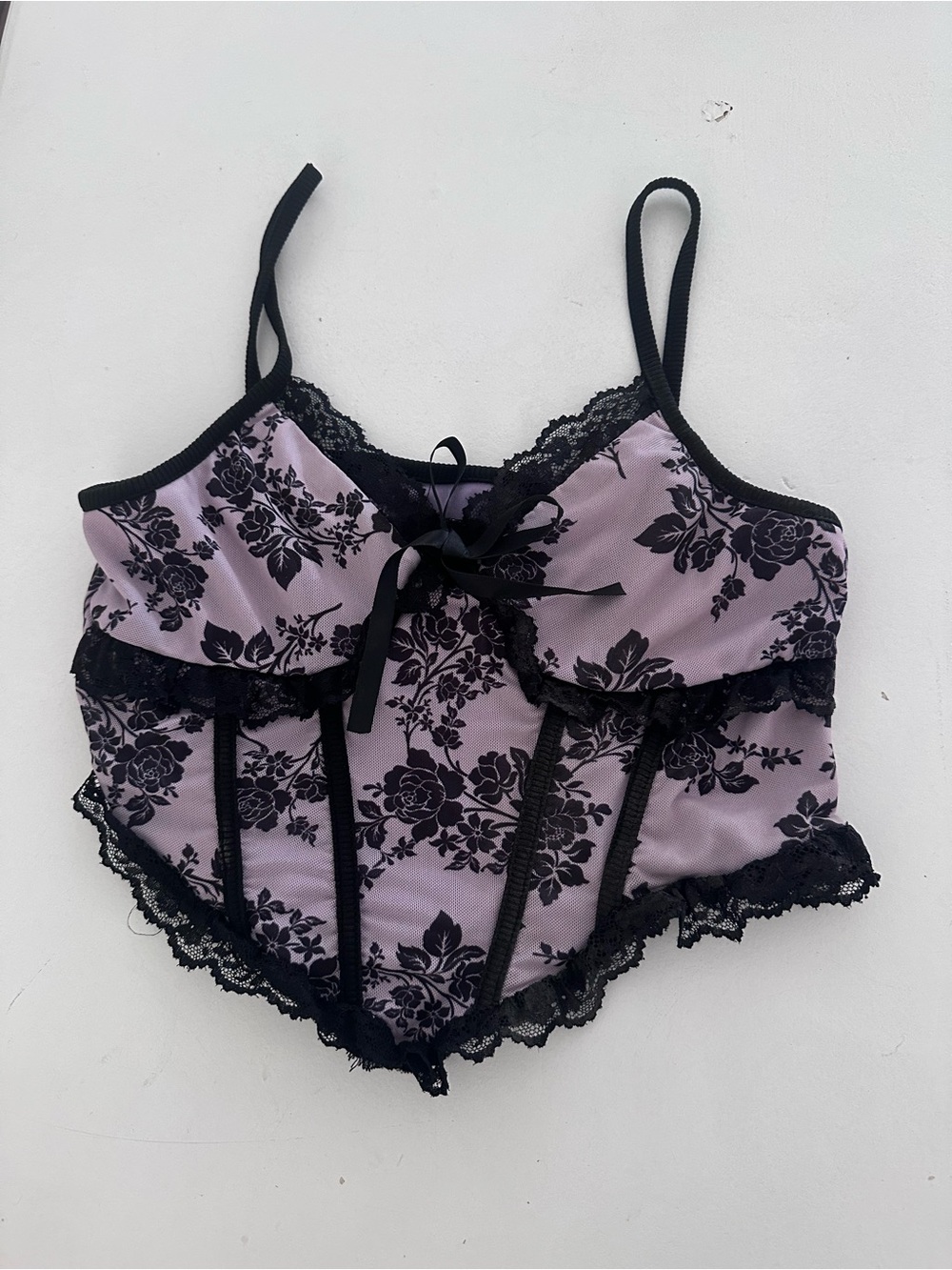 Vintage Y2K Black & Lavender Floral Lace Mesh Corset Cami Tank Top